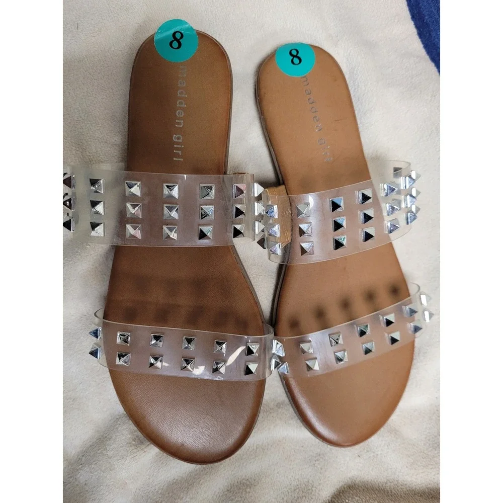 Madden Girl Punk Rock Clear StuddedSlide Sandals Tan Silver PyramidStuds Size 8M
